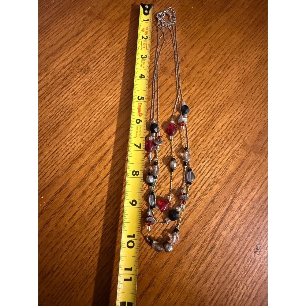 Multi Strand Beaded Layered Necklace Red Black Silver Tone Statement Jewelry
